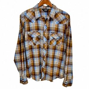 Salt Valley Western Mens Brown Blue Plaid Snap Front Shirt Large Cotton Yoke
